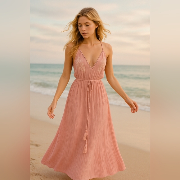 Love Tree Los Angeles Halter Maxi Crepe Dress Small Pink Embroidery Flowy Boho - Picture 1 of 6